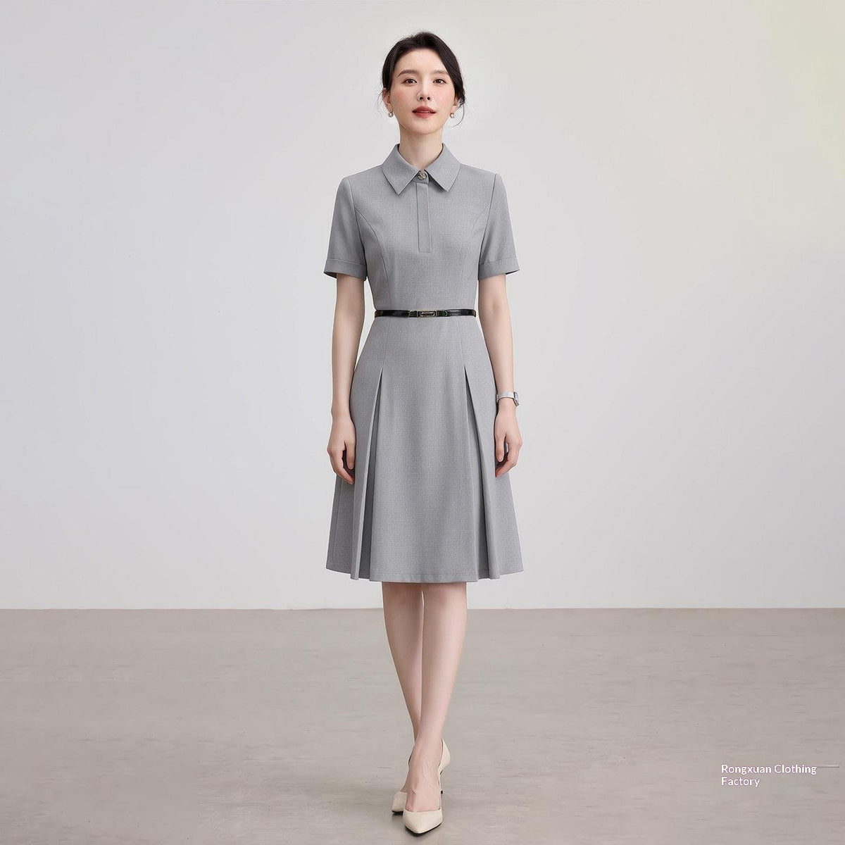 Summer Short-sleeve Lapel-waist A-line Dress