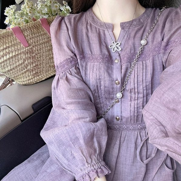 Retro Crew-neck Long-sleeve Shirt with an Elegant Long Skirt