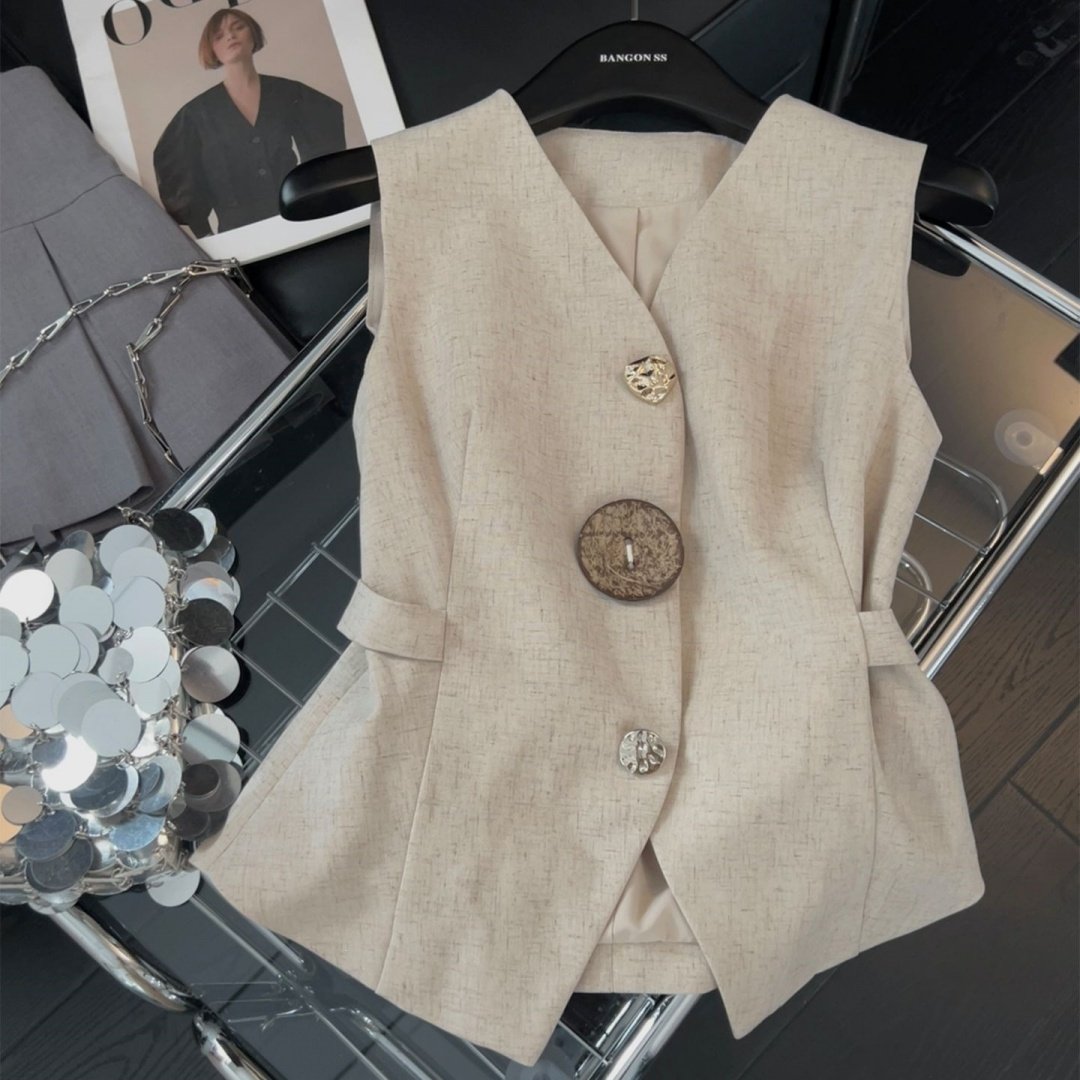 Women's Linen Vest with Asymmetric Design and Statement Buttons