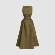 Simple Patchwork Side Pleats and Puffed Sleeves Sleeveless One-piece Dress