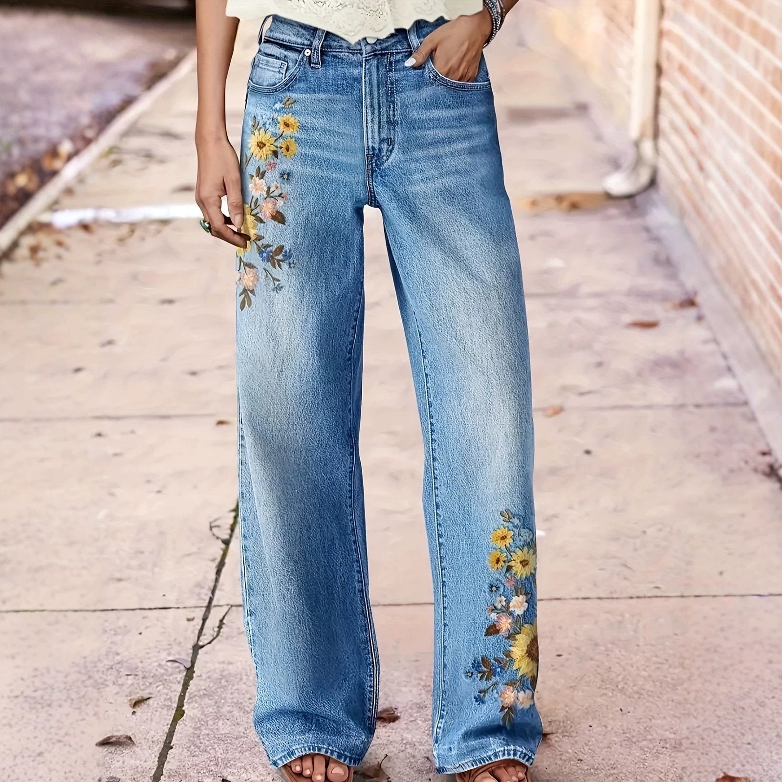 Floral Embroidered Wide-Leg Denim Trousers for Women