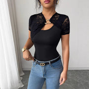 Lace Panelled Short Sleeve Top with Metal Buckles