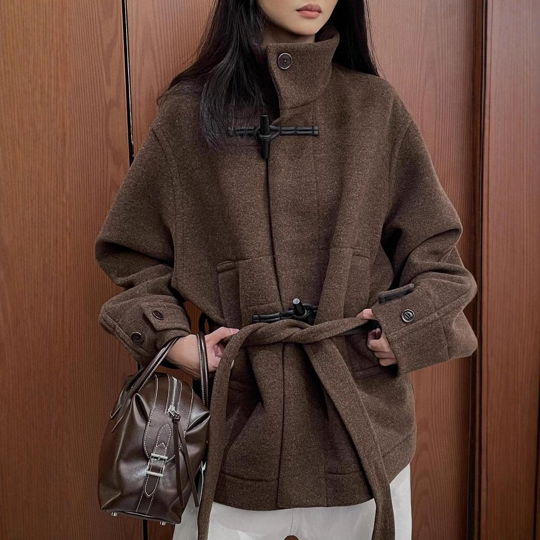 Brown Wool Coat with Horn-button Closure for Women