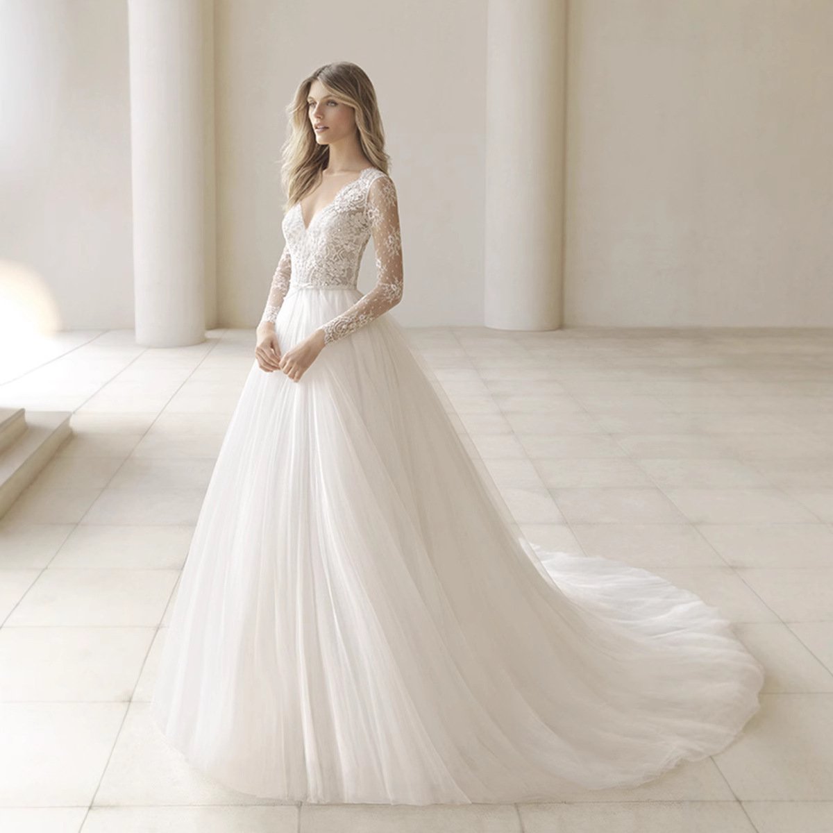 Ivory White Wedding Gown with Long Sleeves and V-Neck