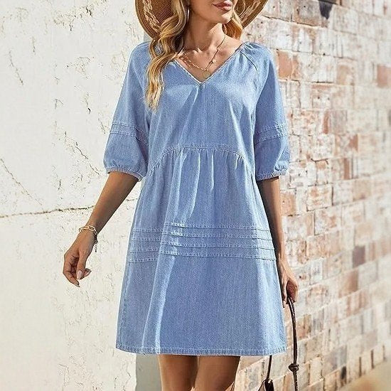 Short Skirt V-neck Puff-sleeved Denim Dress