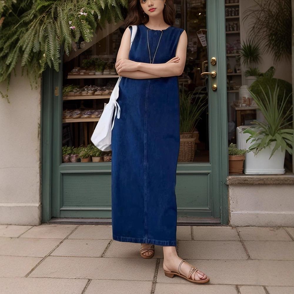 Korean-style Straight-leg Loose-fitting Below-the-knee Denim Dress