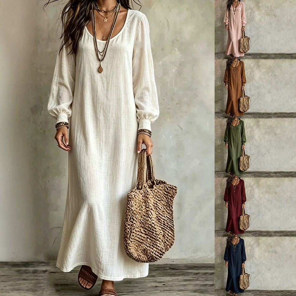 Womens U-neck Long-sleeve Solid-color Dress