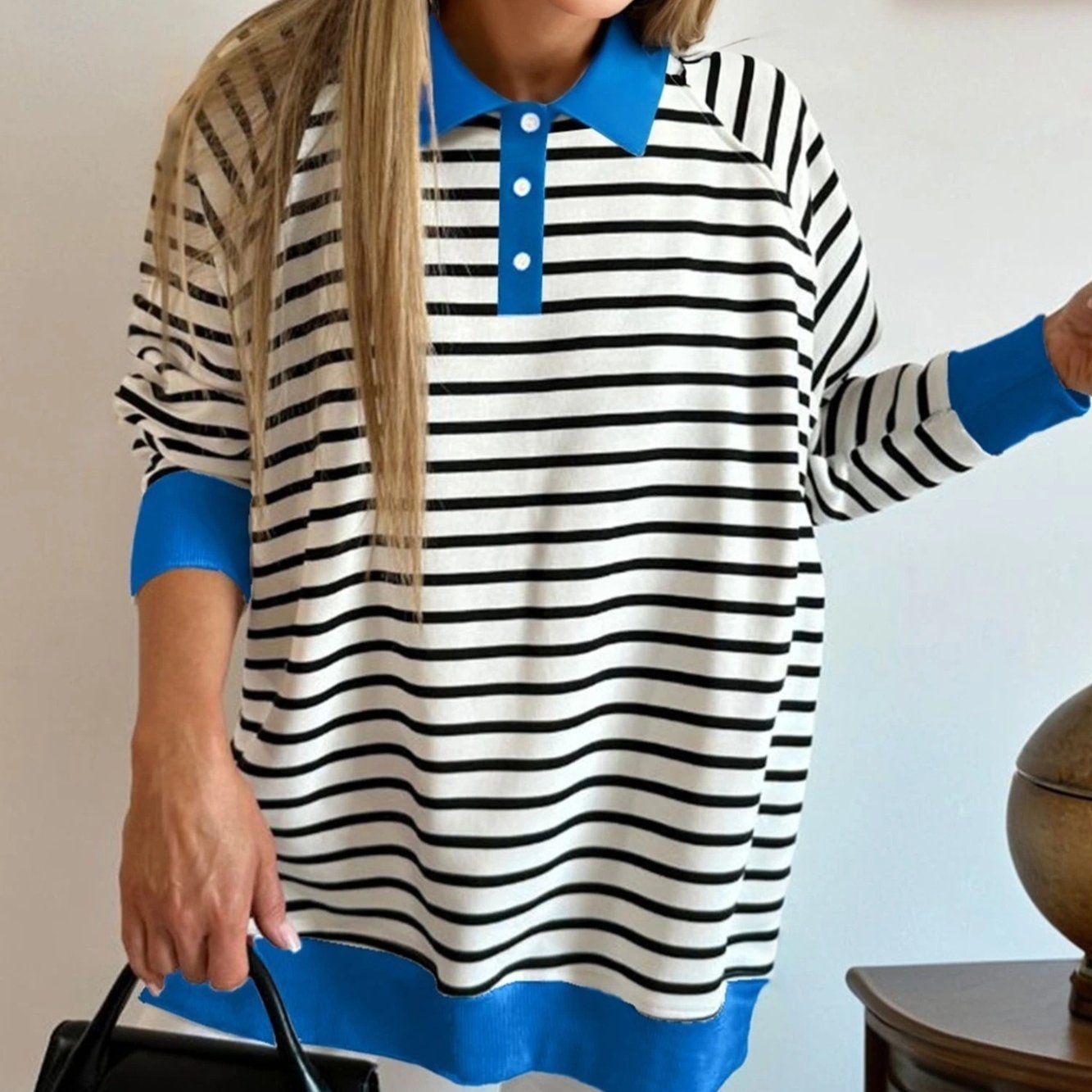 Cozy Black Stripe Hoodie with Buttoned Collar