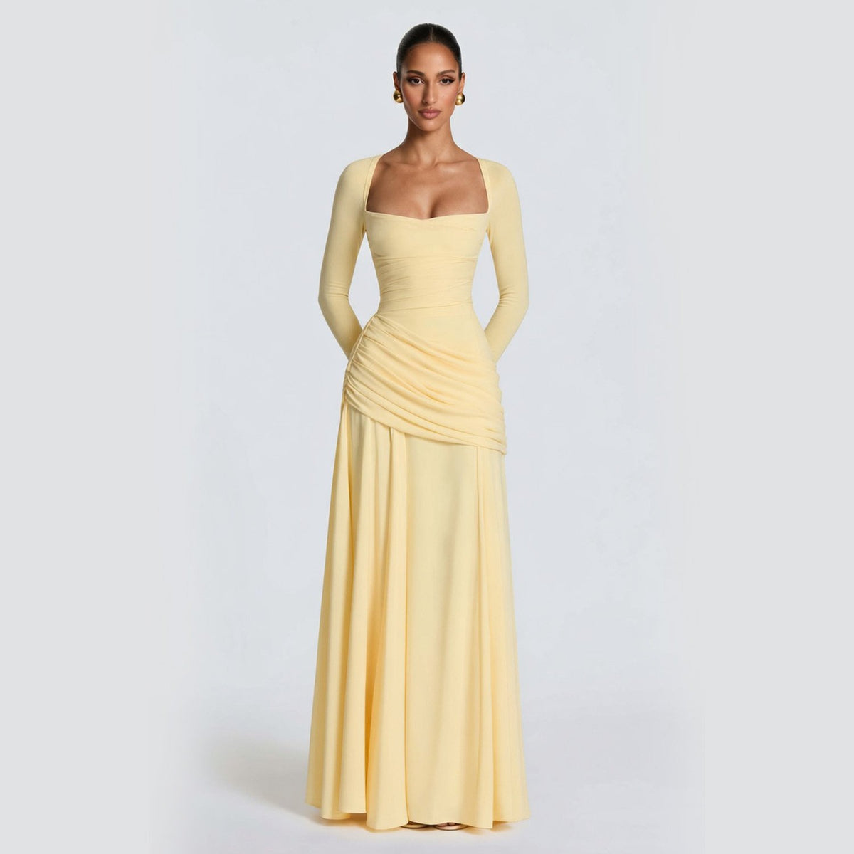 Womens Solid-color Square-neck Pleated Waist-cinching Maxi Dress