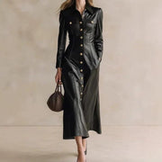 Black Faux-leather Vintage Lapel Long-sleeve Dress