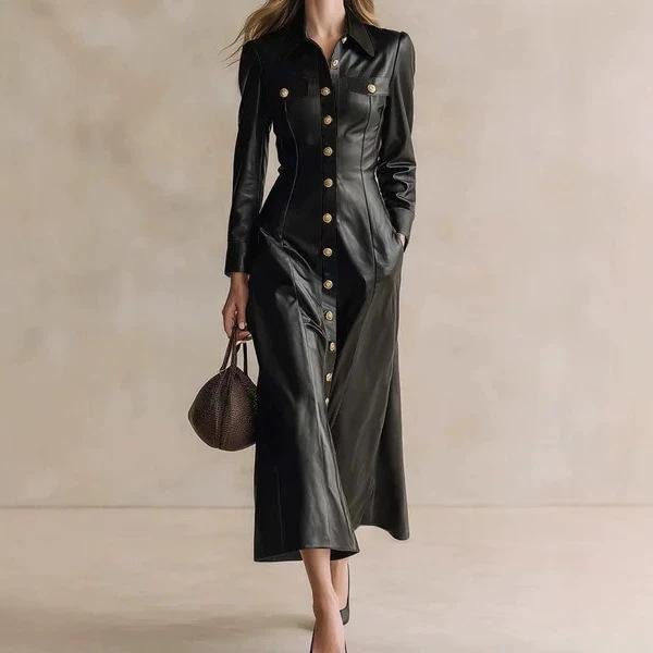 Black Faux-leather Vintage Lapel Long-sleeve Dress