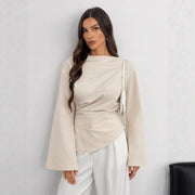 Apricot Long Sleeve Pleated Casual Tee for Women