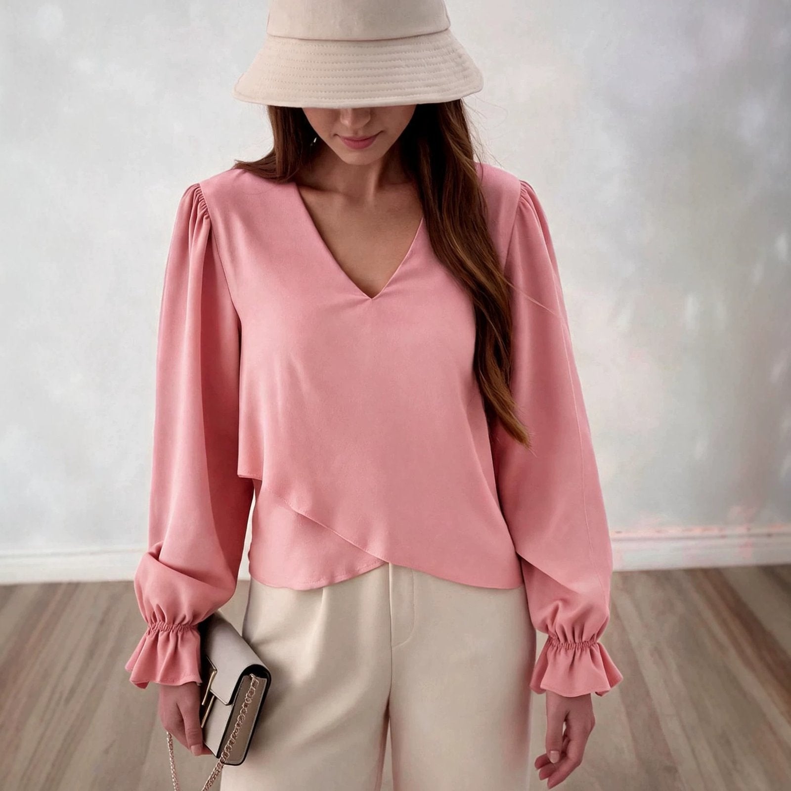 Soft Flared-sleeve V-neck T-shirt for Women