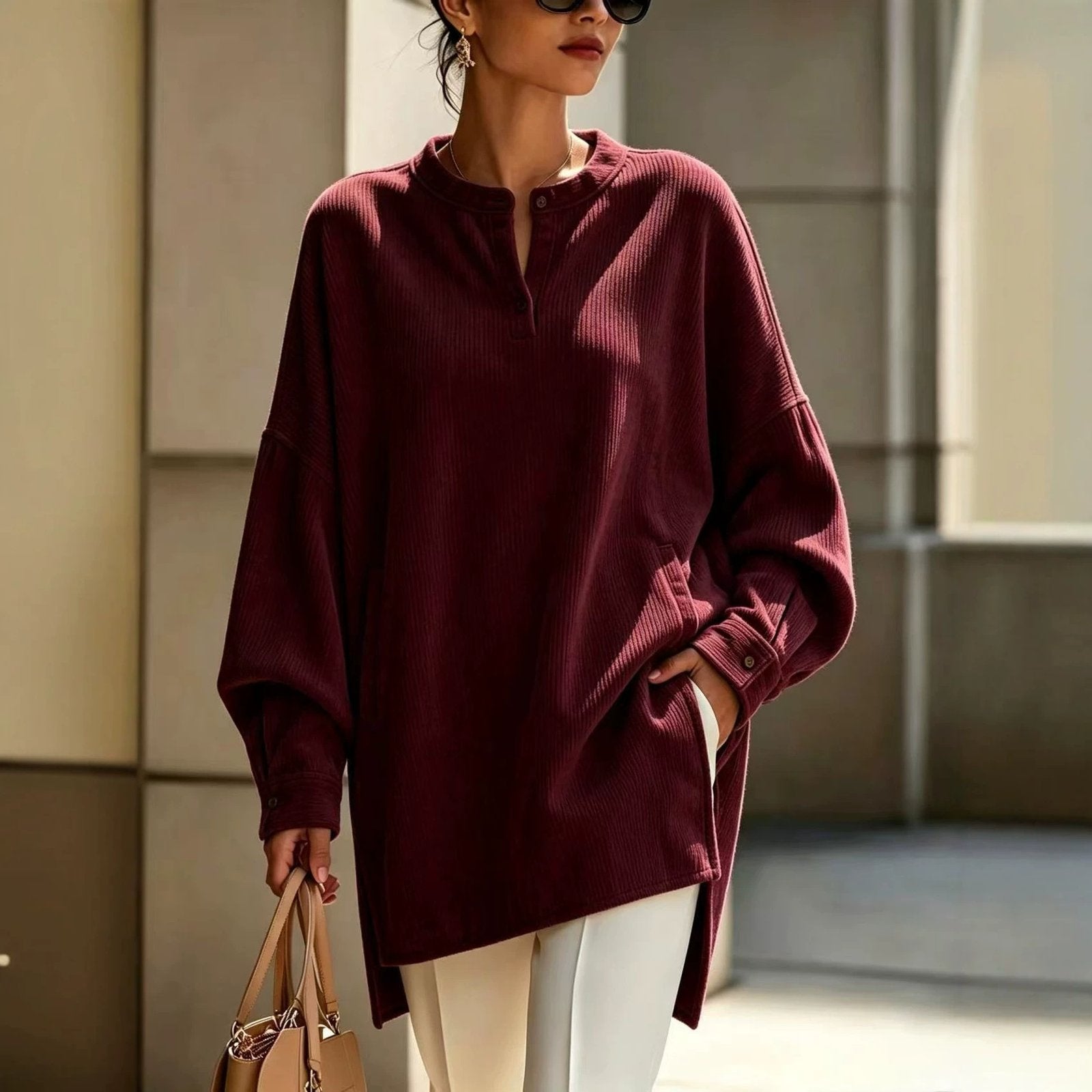 Relaxed-fit Henley Neck T-shirt for Women