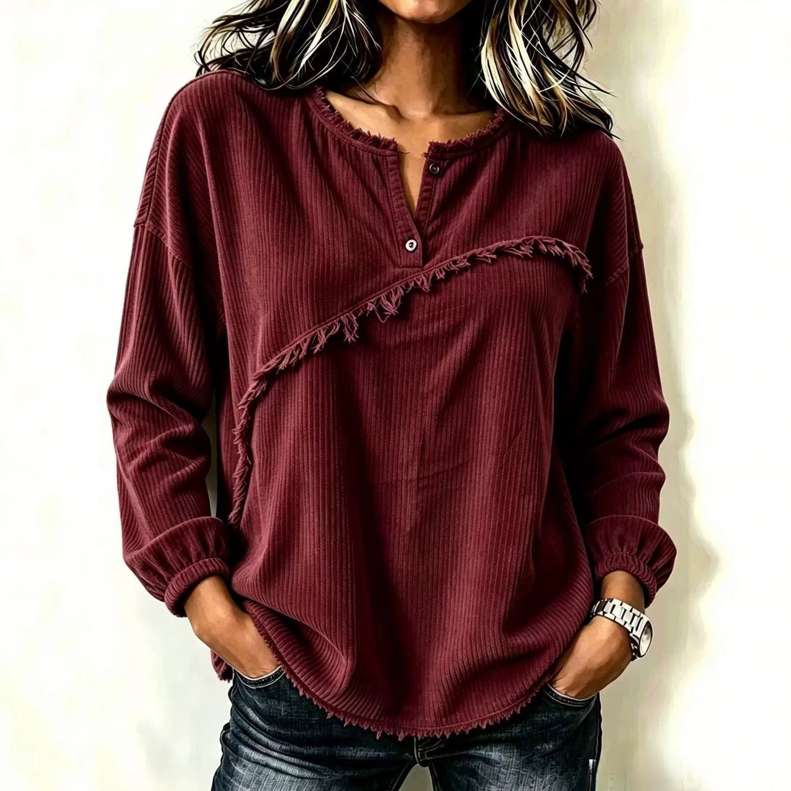Cozy Henley Corduroy Top for Women - Raw-edge Tassels