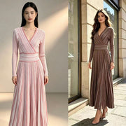Gold and Silver Thread Striped Long-sleeve V-neck Slim-fit Slit Dress