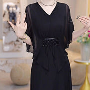 Women Black V Neck Chiffon Dress Summer Batwing Sleeve Mid