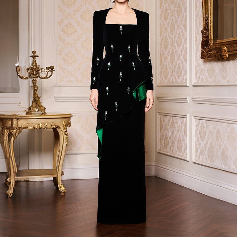 Elegant Long-sleeved Slim-fit A-line Dress with Ruffled Hem