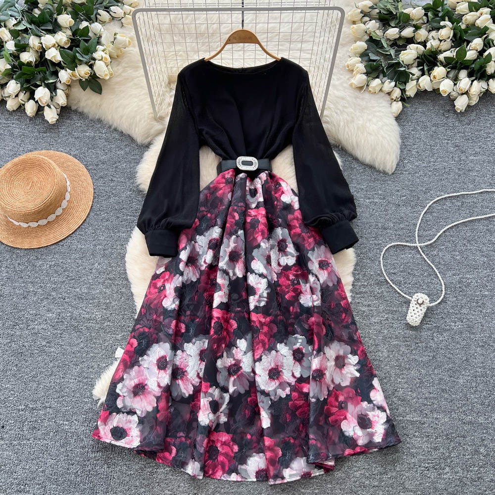 Womens Long-sleeve Spliced Lace-up Waist-emphasizing Printed Dress