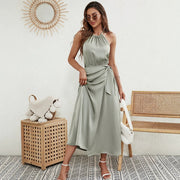 Satin Halter-neck Wrap-style Waist-cinching Midi Dress