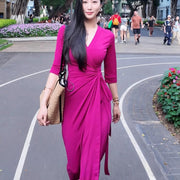 One-piece V-neck Waist-cinching Spliced Stretchy Dress