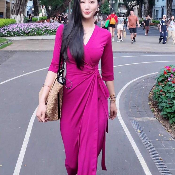 One-piece V-neck Waist-cinching Spliced Stretchy Dress