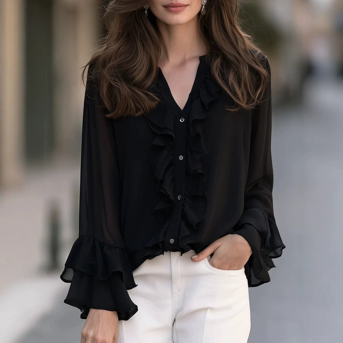 Retro Ruffled Collar Loose-Fit Blouse for Women