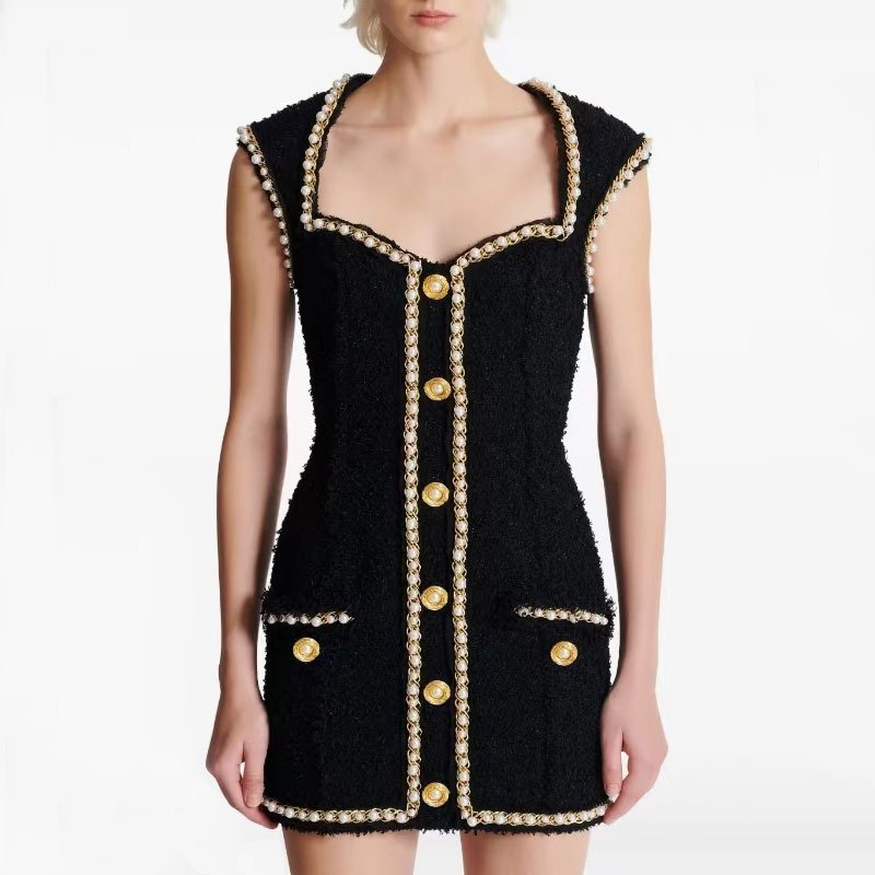 Tweed Dress for Women with Pearl Trim