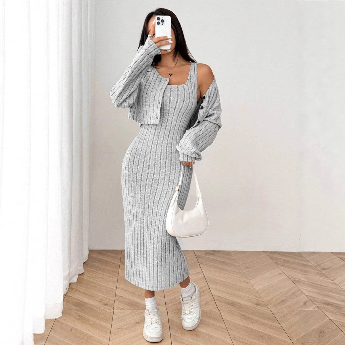 Rib-knit Drop-shoulder Button-front Jacket and Bodycon Dress Set