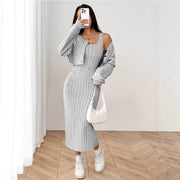 Rib-knit Drop-shoulder Button-front Jacket and Bodycon Dress Set