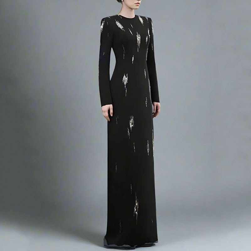 High-end Beaded and Sequined Black Dress