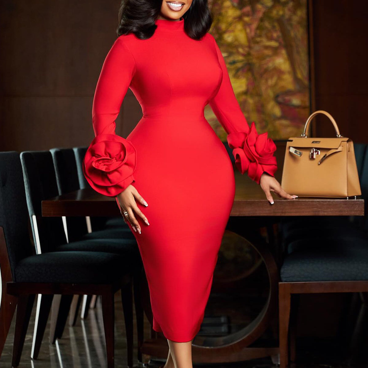Crew-neck Slim-fit Long-sleeve Dress with Three-dimensional Floral Detailing