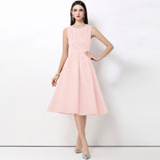 Elegant Sleeveless Crew-neck Beaded-waist Slimming Dress