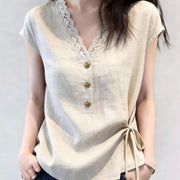 Elegant V-Neck Lace Trim Blouse for Women