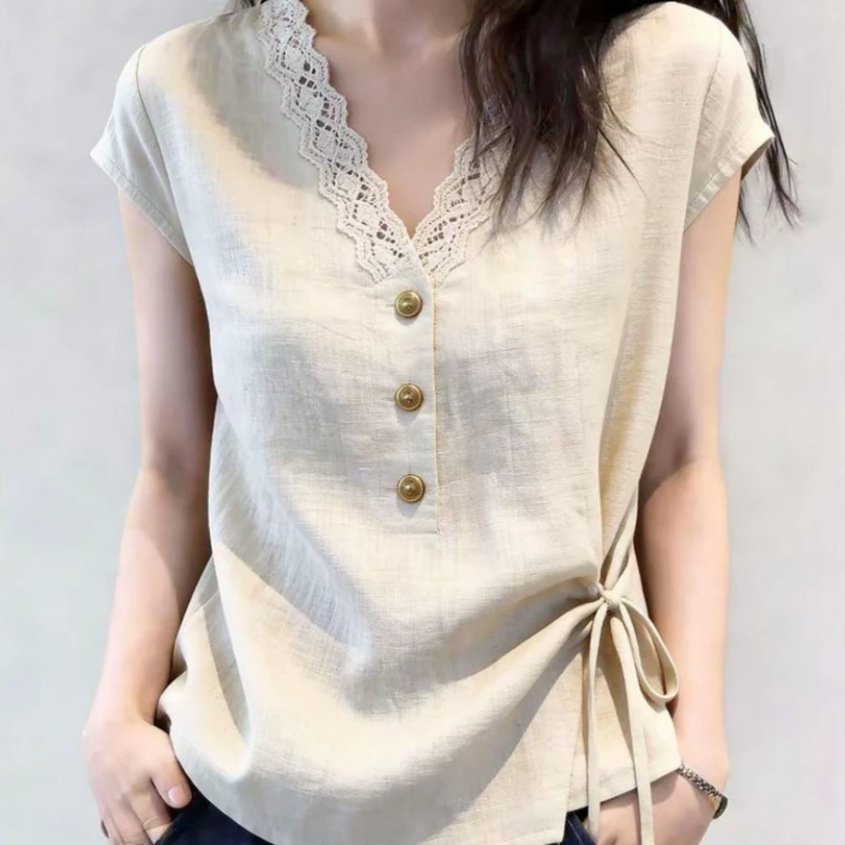 Elegant V-Neck Lace Trim Blouse for Women