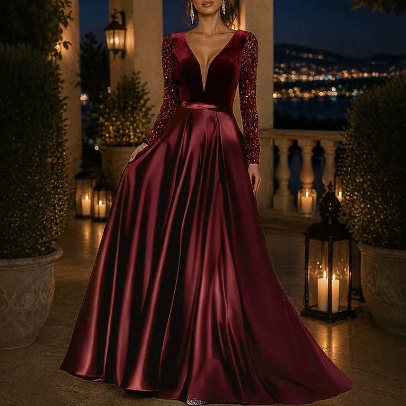 Wine-red Velvet Sequined Long-sleeve V-neck Satin Evening Gown