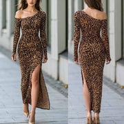 Off-shoulder Slit-fit Leopard-print Dress
