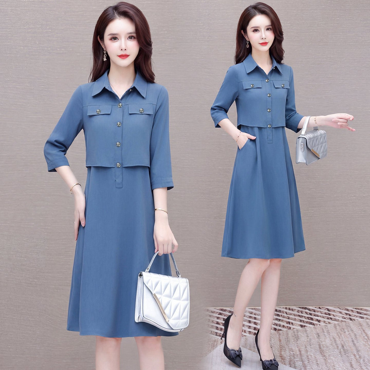 Simple and Stylish Patchwork Faux Two-piece Womens Dress