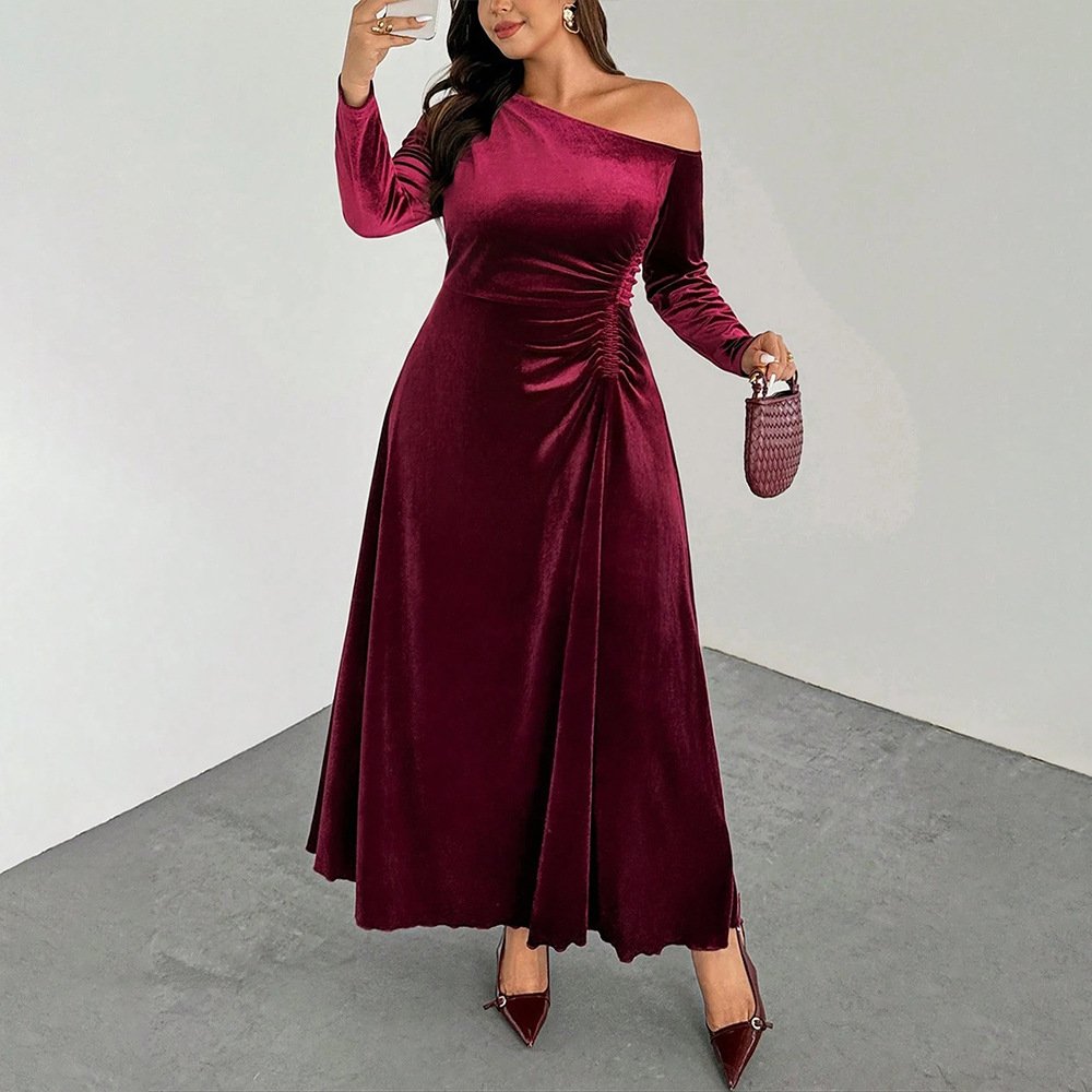 Womens Velvet Long-sleeve Dress with Slanted Shoulders