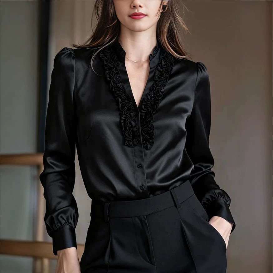 Navy Blue V-Neck Blouse with Ruffled Trim