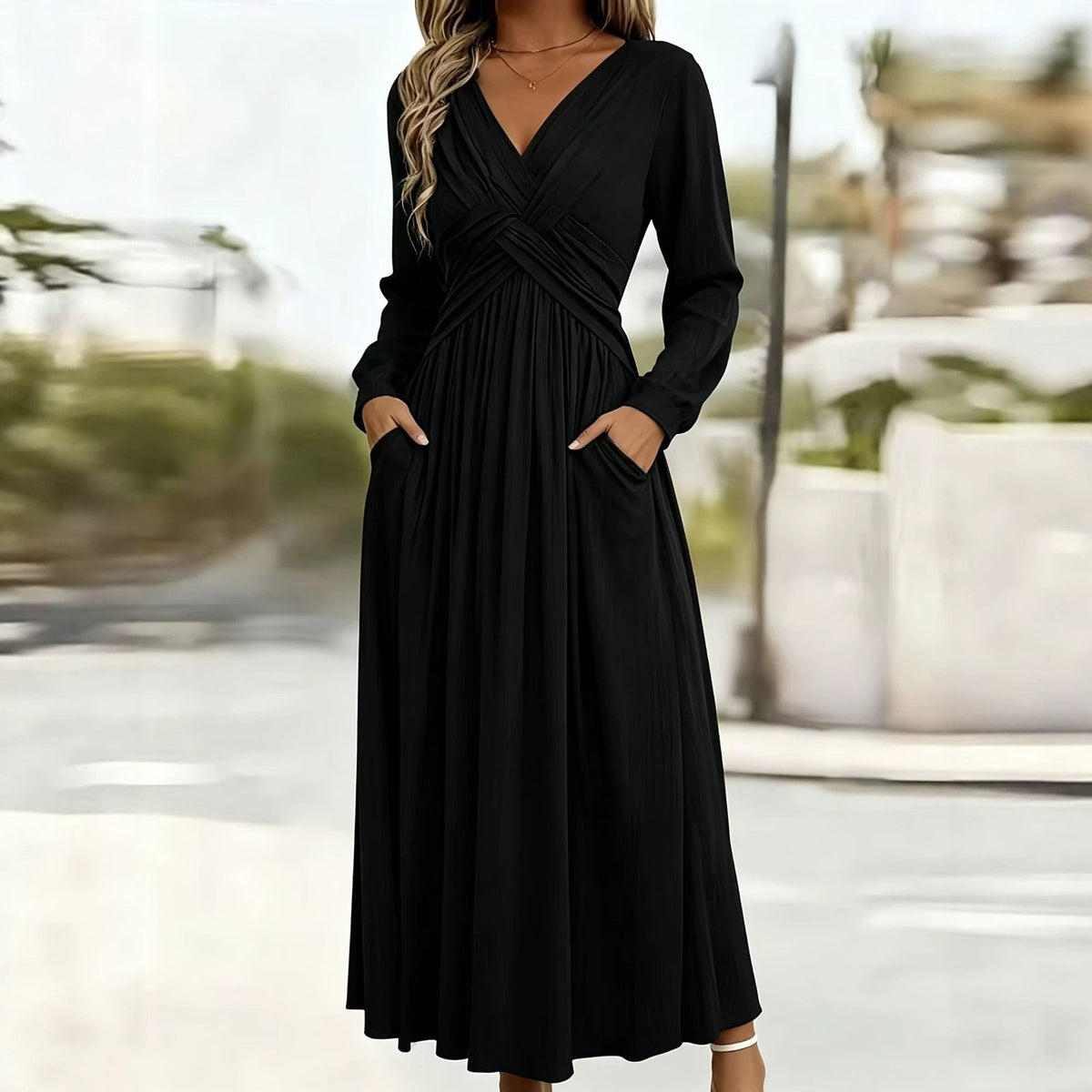 V-neck Spliced Slimming Long Dress