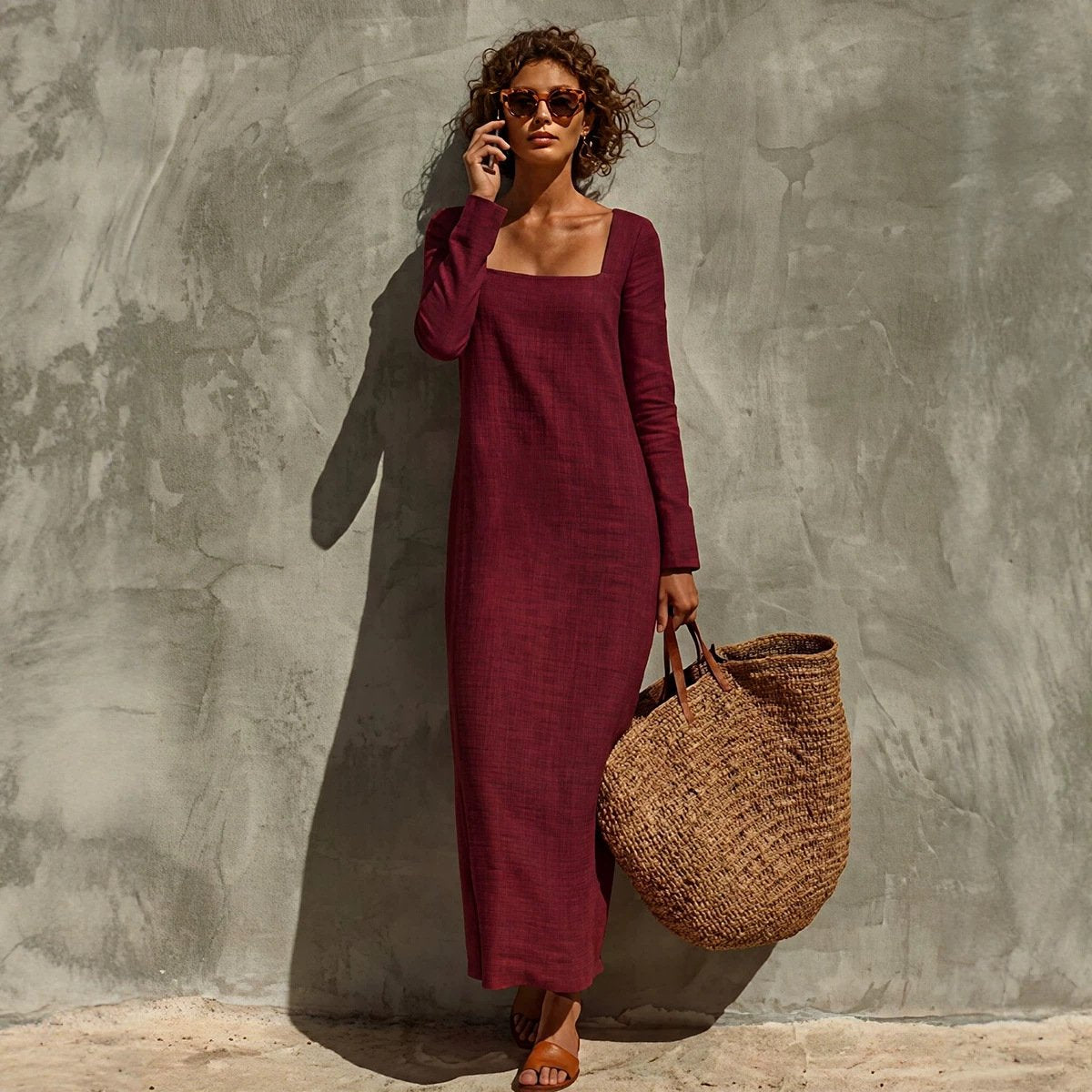 Womens Minimalist Square-neck Long-sleeve Dress
