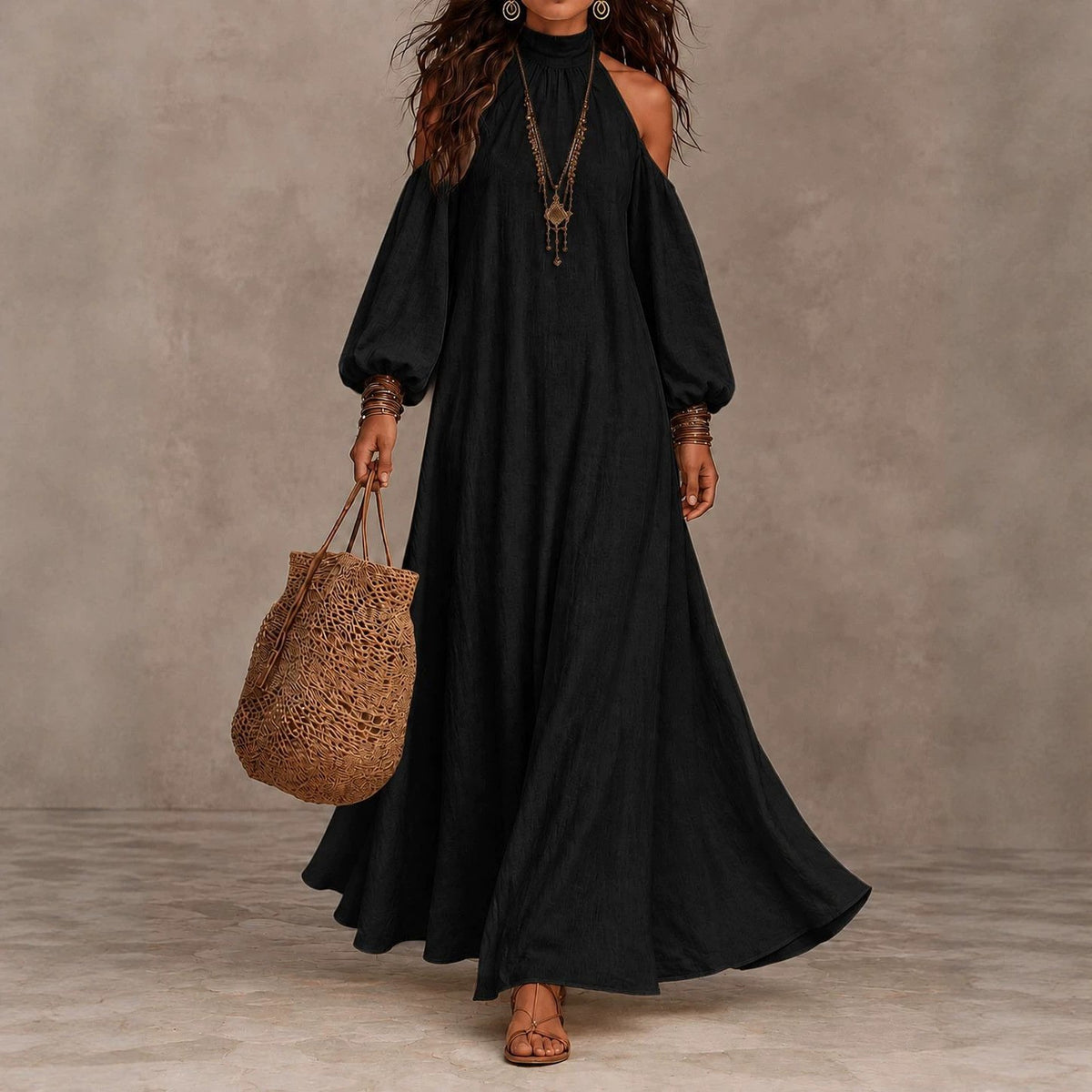 Lantern-sleeve, A-line Loose-fit Figure-flattering Dress