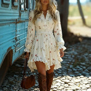 Ruffle-trimmed Printed Dress with an Asymmetrical Hem