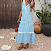 Women's Lace-mesh V-neck Sleeveless Striped Dress