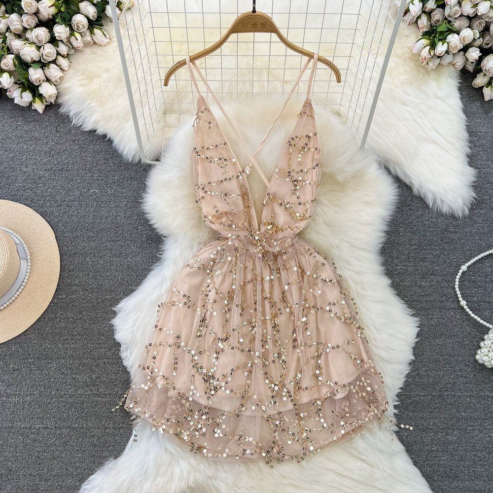 Womens Fashionable Deep-v Sequined Backless Waist-cinching Sequin Dress