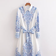 Womens Printed Long-sleeve Shirt Dress