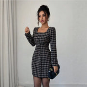Slimming Short Plaid Square-neck Dress