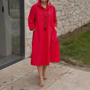 Commuter-style Minimalist Lapel Midi Dress with Three-quarter Sleeves
