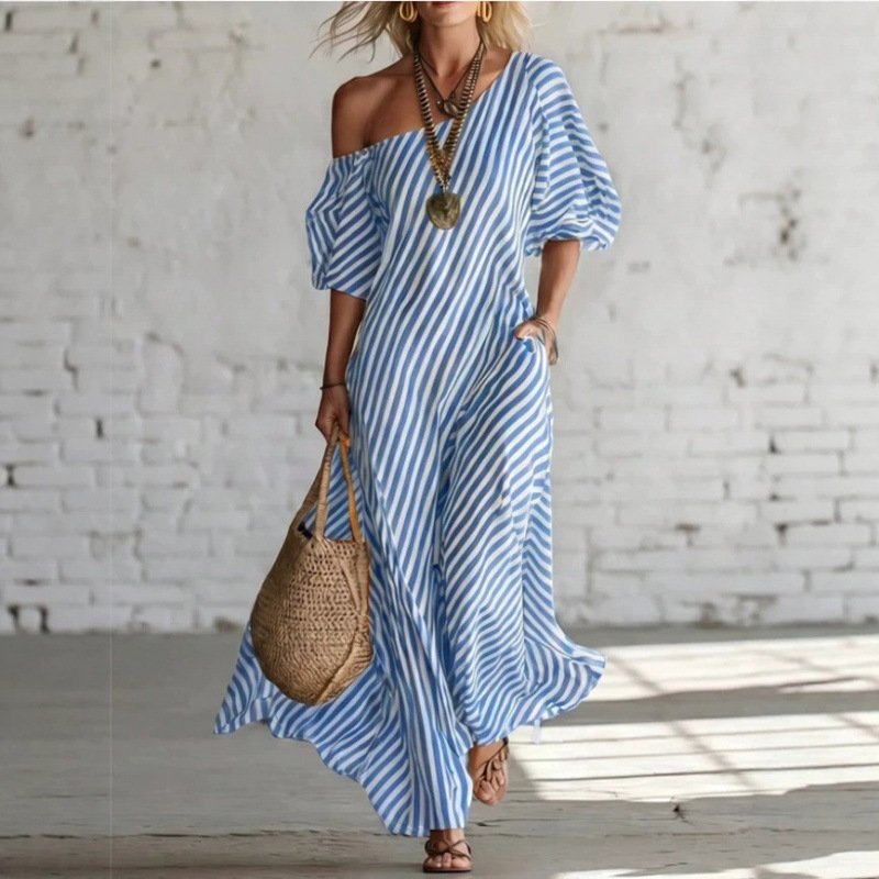 Dress with a Blue-and-white Striped Pattern and a Sloped Shoulder Design